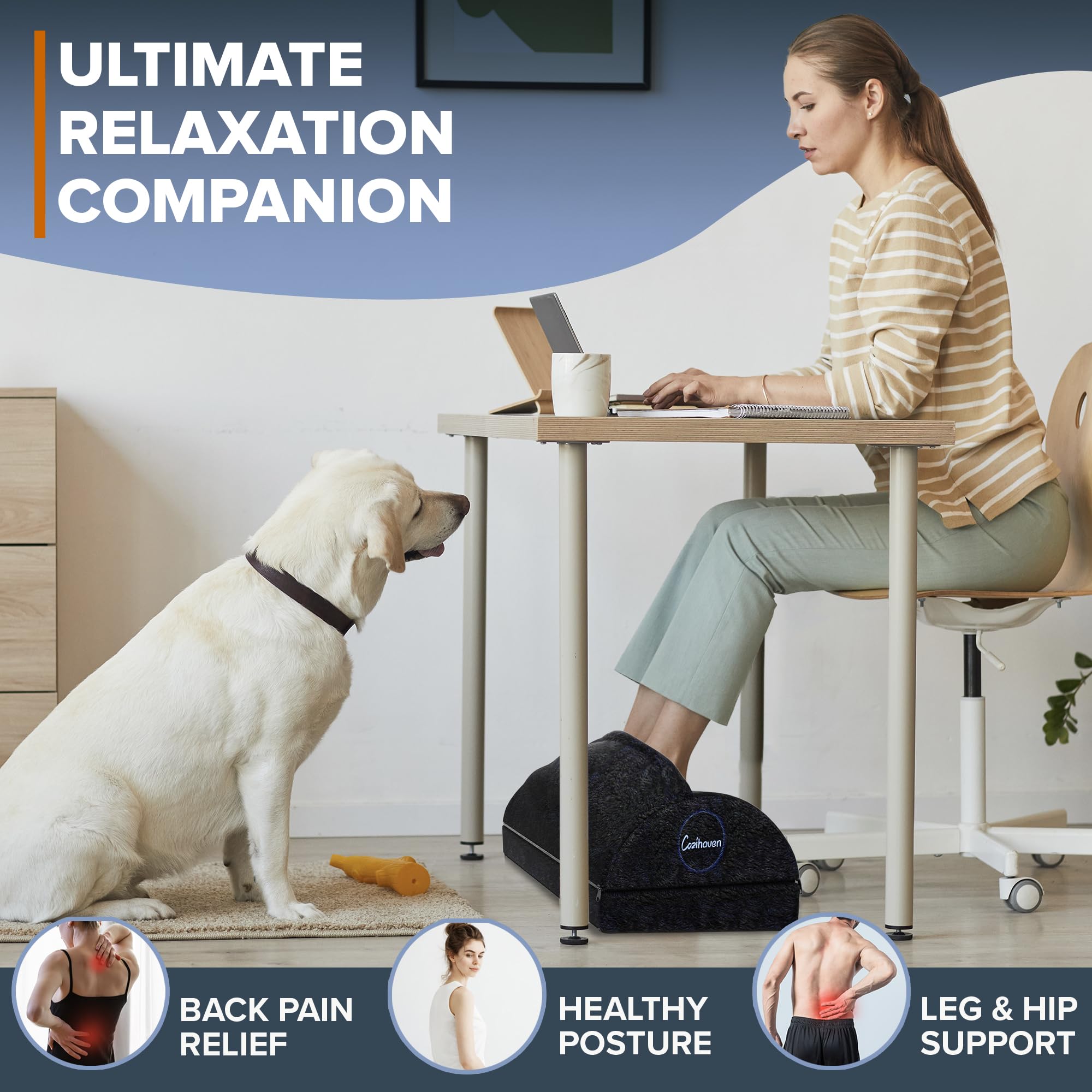Cozihaven Foot Rest for Under Desk at Work with Premium Warmer Feet Pocket - Ergonomic Foot Rest for Back Pain Relief - 3 Adjustable Heights Memory Foam Tall Footrest for Gaming Computer Chair