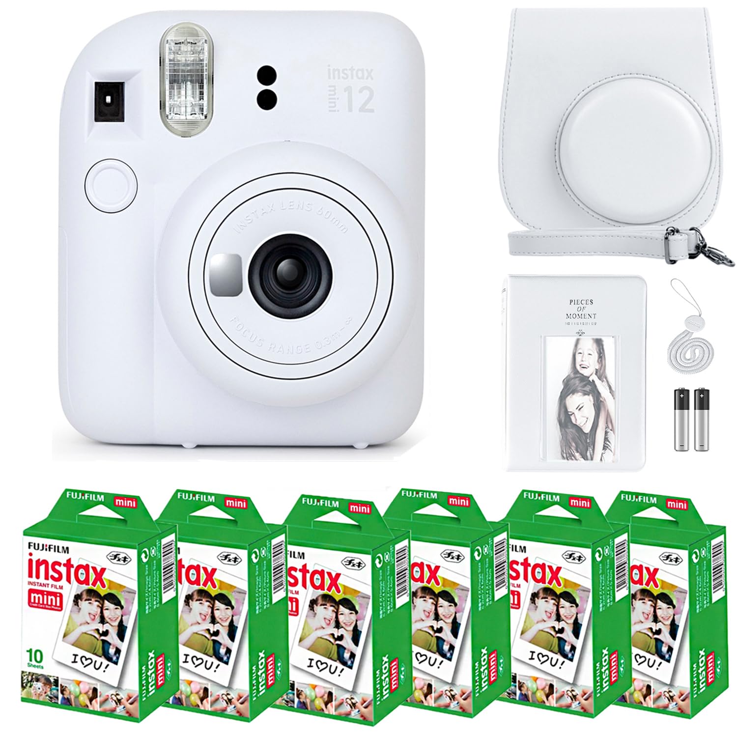 Fujifilm Instax Mini 12 Camera with Fujifilm Instant Mini Film (60 Sheets) Bundle with Deals Number One Accessories Including Carrying Case, Photo Album, Stickers (Clay White)