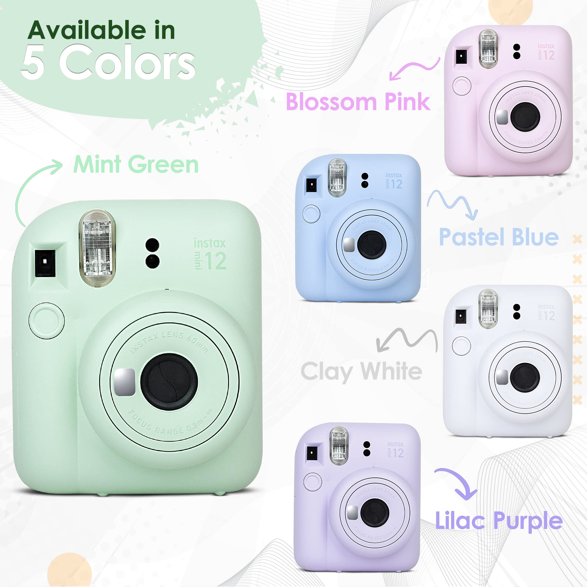 Fujifilm Instax Mini 12 Camera with Fujifilm Instant Mini Film (60 Sheets) Bundle with Deals Number One Accessories Including Carrying Case, Photo Album, Stickers (Clay White)
