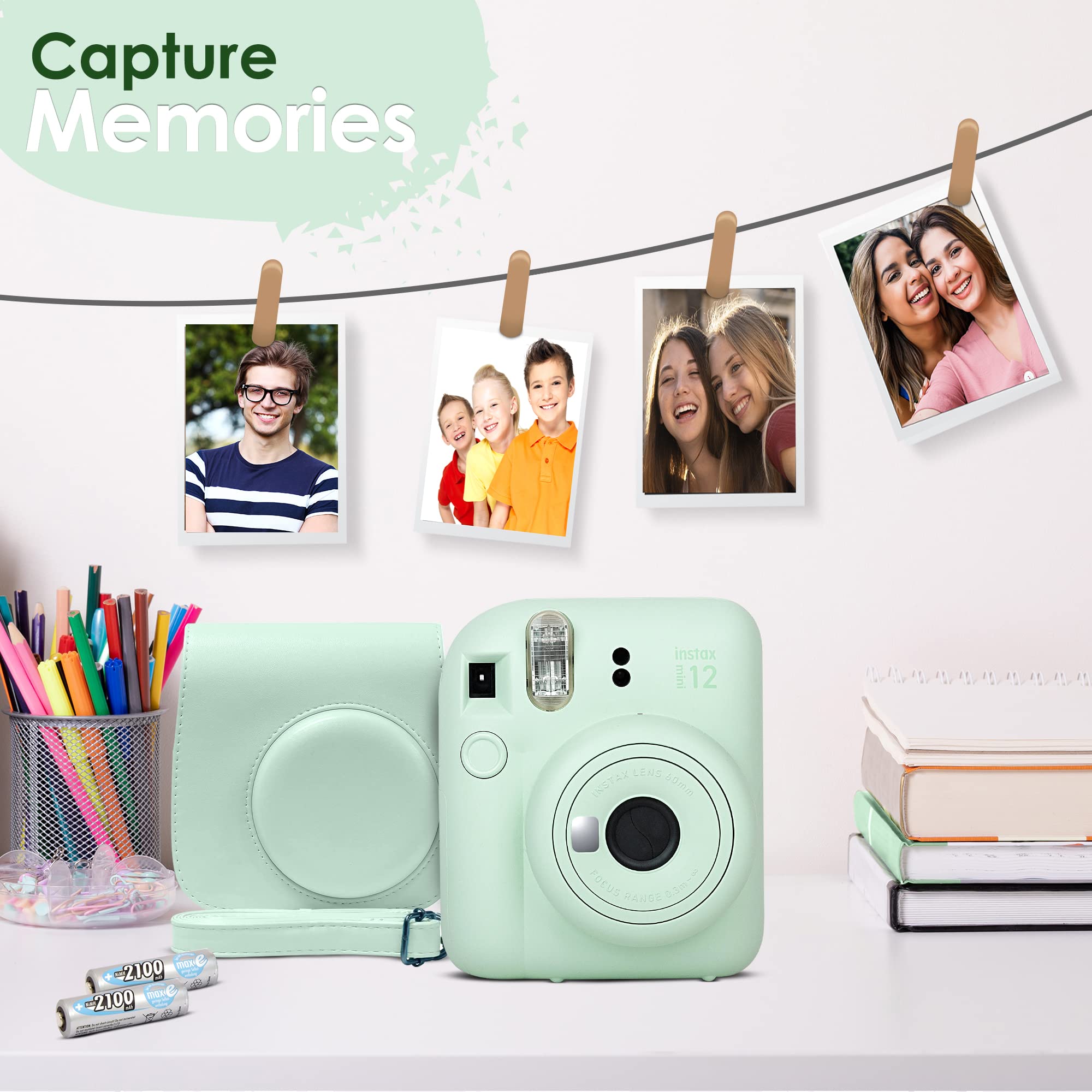 Fujifilm Instax Mini 12 Camera with Fujifilm Instant Mini Film (60 Sheets) Bundle with Deals Number One Accessories Including Carrying Case, Photo Album, Stickers (Clay White)