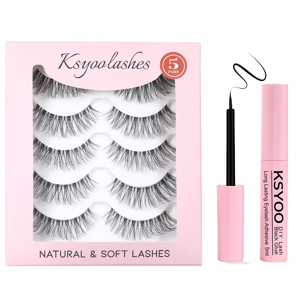 KSYOO Natural Lashes with Glue Set, Clear Band 3D False Eyelashes Multi-pack (A8 Black Glue Kit)