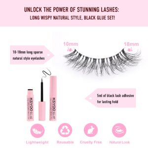 KSYOO Natural Lashes with Glue Set, Clear Band 3D False Eyelashes Multi-pack (A8 Black Glue Kit)