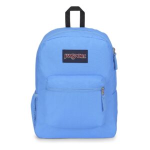 jansport cross town backpack, 17" x 12.5" x 6" - simple bag with 1 main compartment, front utility pocket - premium class accessories - blue neon