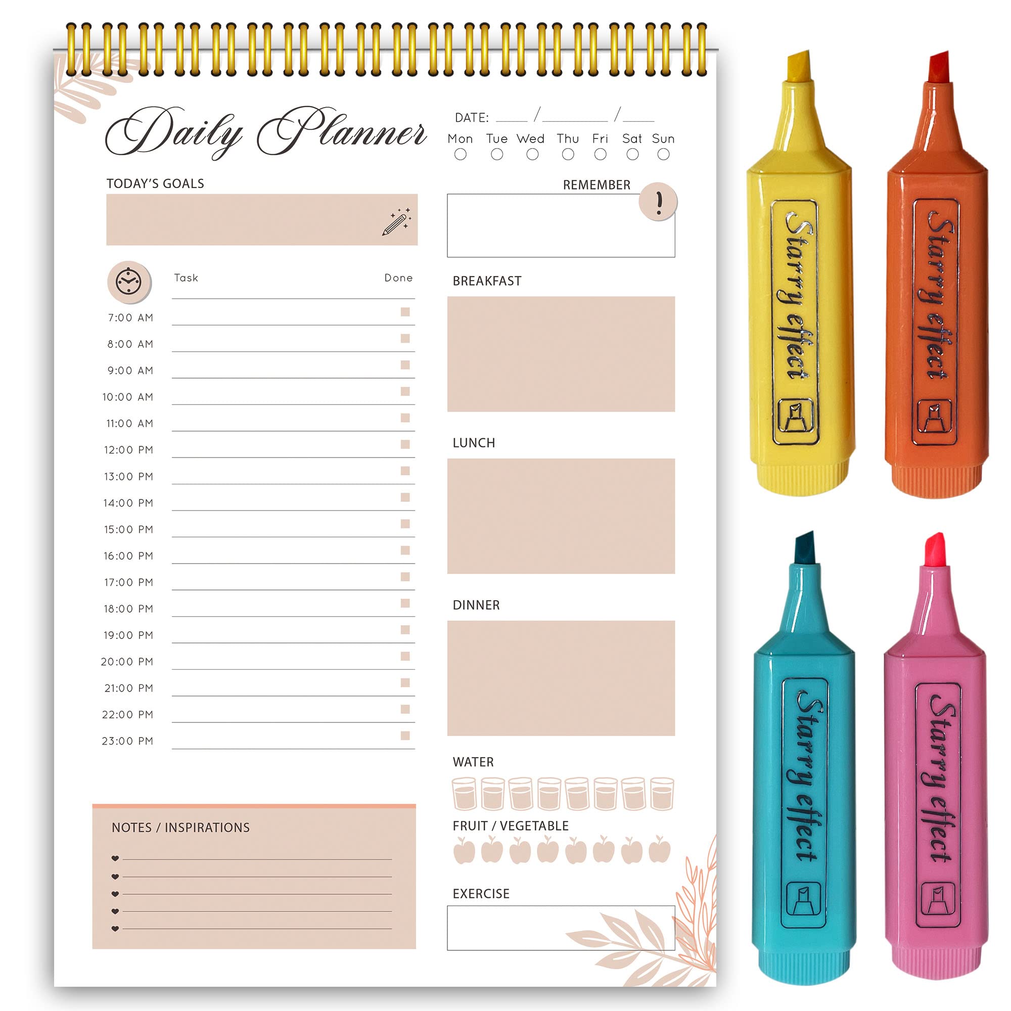 Daily Planner with 4 Office Highlighters, To do List Notebook with Hourly Schedule, Productivity Calendar Exercise, Work Organizer for Man/Women, Daily Journal for Priority Notes, (6.5x9.8")