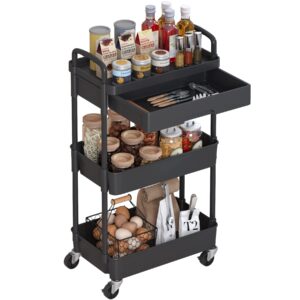 dttwacoyh 3-tier rolling cart，trolley with drawer, multifunctional storage organizer with plastic shelf & metal wheels, kitchen storage cart for living room, kitchen, office, bathroom, white