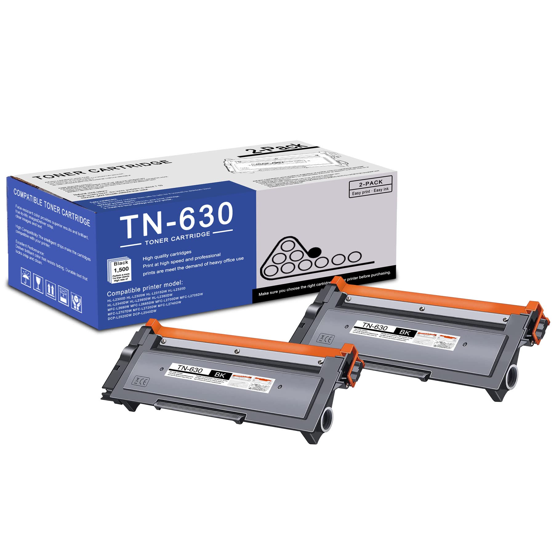 2 Pack TN630 TN-630 Black Toner Cartridge Compatible TN630 Replacement for Brother HL-L2300D L2305W L2315DW L2320D L2360DW MFC-L2680W L2685DW L2700DW L2705DW L2707DW L2740DW DCP-L2540DW L2520DW Printe