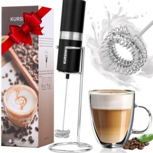 KURSINNA Powerful Milk Frother Handheld Battery Operated, Double Whisk Foam Frother Maker with Stainless Steel Stand, Drink Mixer For Coffee, Lattes, Matcha, Cappuccino (13000RPM Battery Operated)