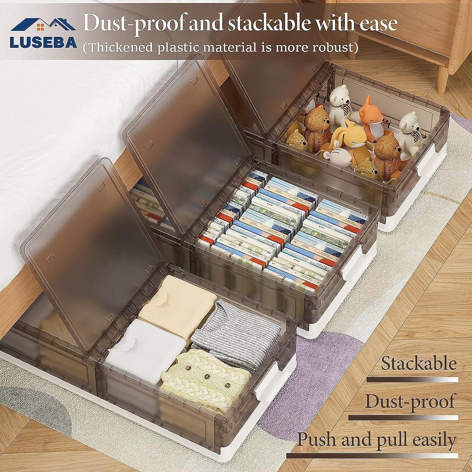 Under Bed Storage Containers, Stackable Under Bed Rolling Storage Plastic Containers, 11.5Gal Storage Bins with Wheels, Multi-purpose Storage Bins with Lids for Clothes, Shoes, And Duvets