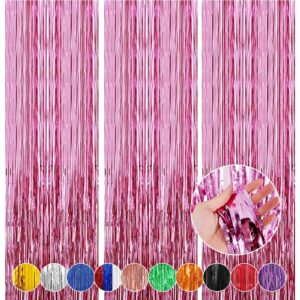 mtkocpk pink streamers backdrop party decorations - 8x3.2 feet 3-pack foil fringe curtain decor - perfect for children's birthday party, women's party, sweet wedding, and pink theme party decorations
