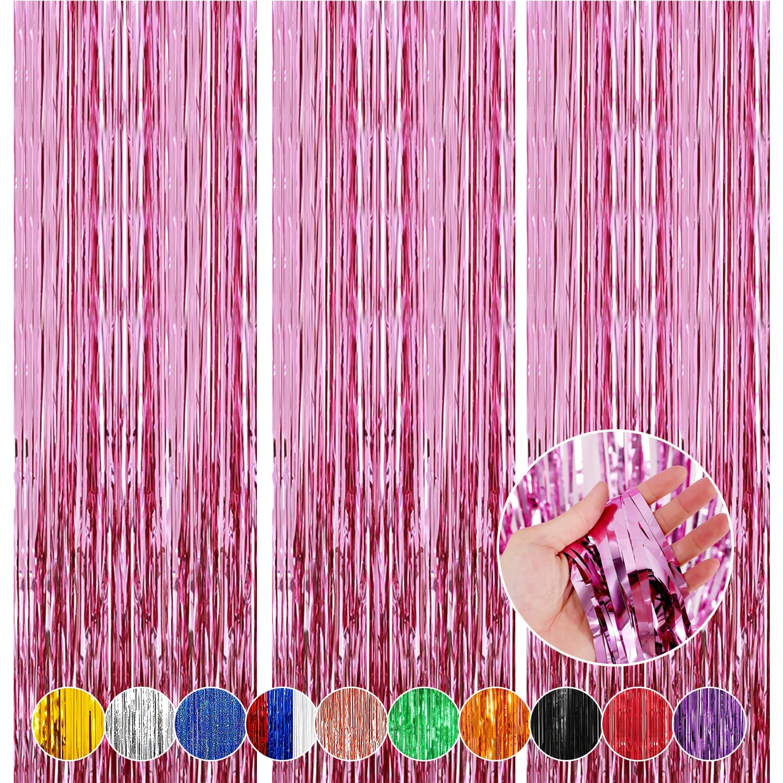 Mtkocpk Pink Streamers Backdrop Party Decorations - 8x3.2 Feet 3-Pack Foil Fringe Curtain Decor - Perfect for Children's Birthday Party, Women's Party, Sweet Wedding, and Pink Theme Party Decorations