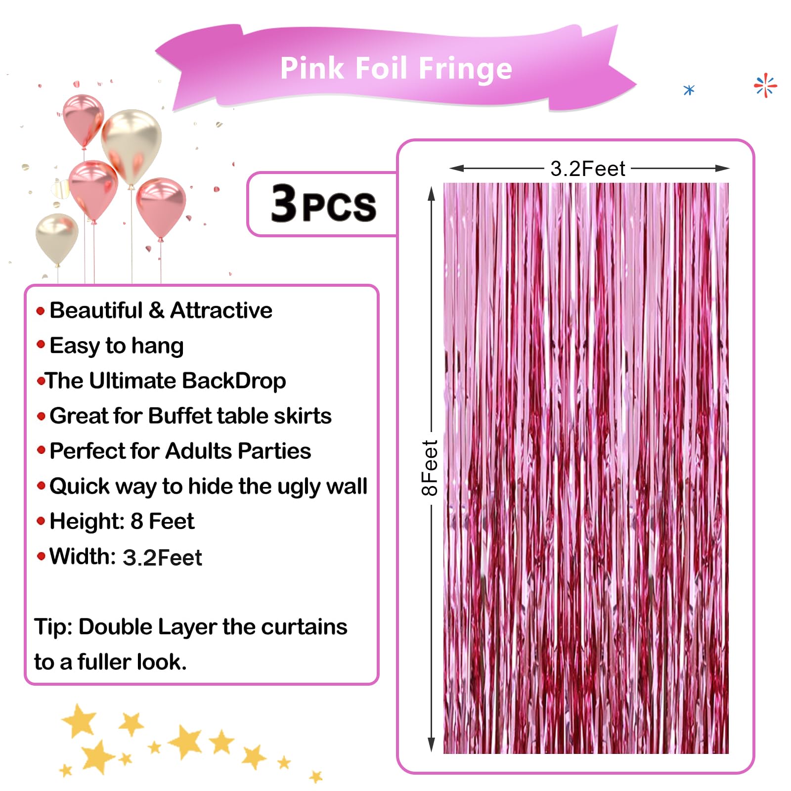 Mtkocpk Pink Streamers Backdrop Party Decorations - 8x3.2 Feet 3-Pack Foil Fringe Curtain Decor - Perfect for Children's Birthday Party, Women's Party, Sweet Wedding, and Pink Theme Party Decorations