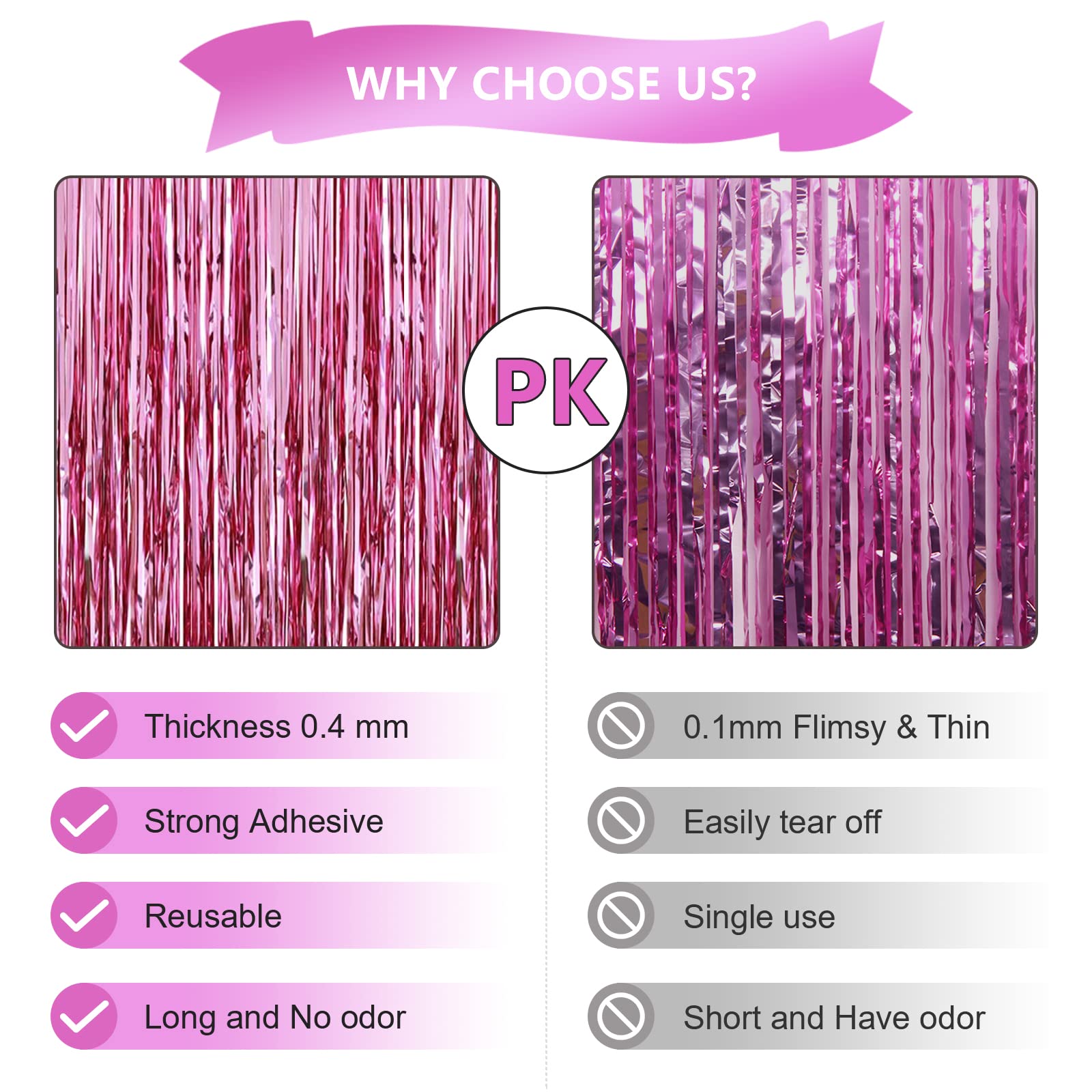 Mtkocpk Pink Streamers Backdrop Party Decorations - 8x3.2 Feet 3-Pack Foil Fringe Curtain Decor - Perfect for Children's Birthday Party, Women's Party, Sweet Wedding, and Pink Theme Party Decorations