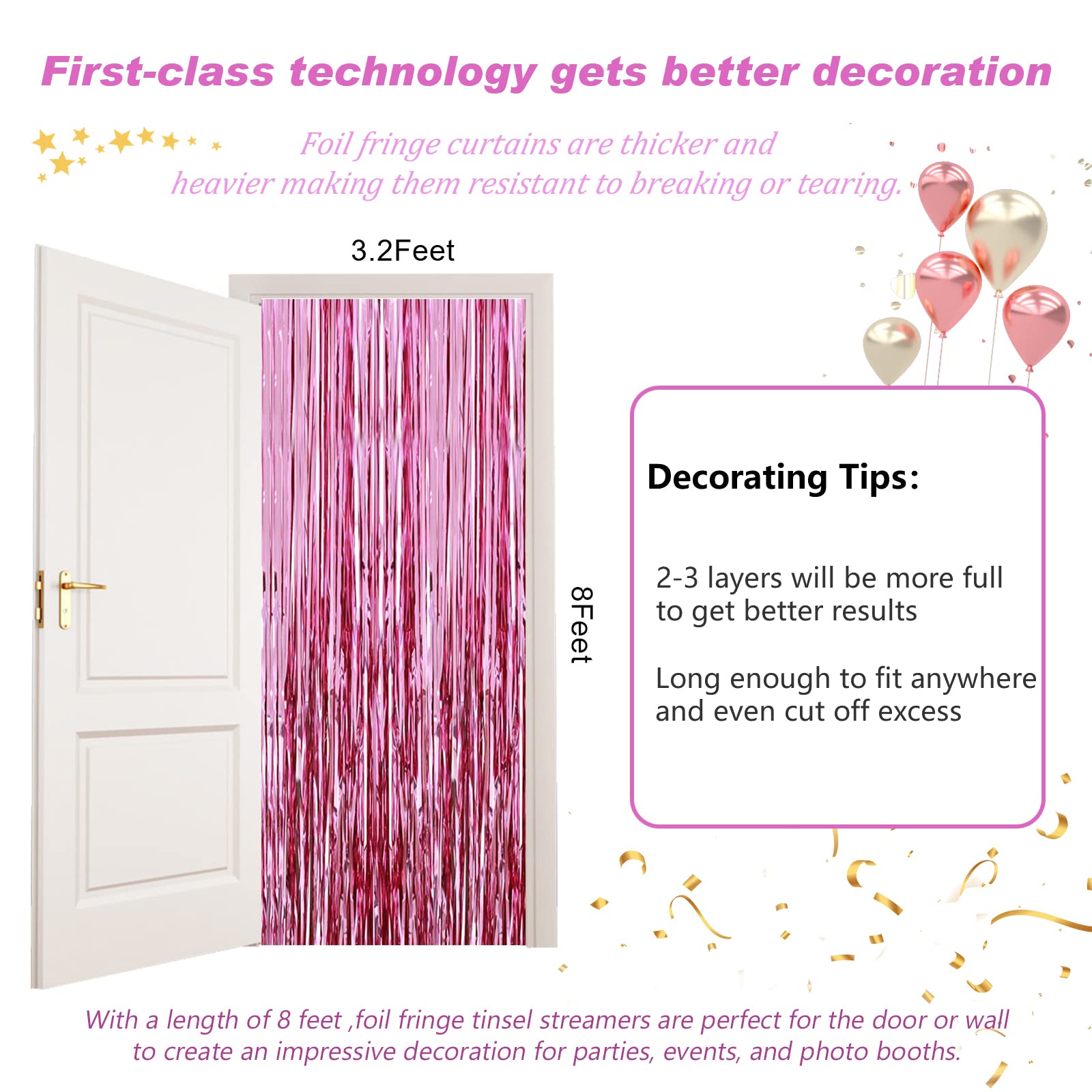 Mtkocpk Pink Streamers Backdrop Party Decorations - 8x3.2 Feet 3-Pack Foil Fringe Curtain Decor - Perfect for Children's Birthday Party, Women's Party, Sweet Wedding, and Pink Theme Party Decorations