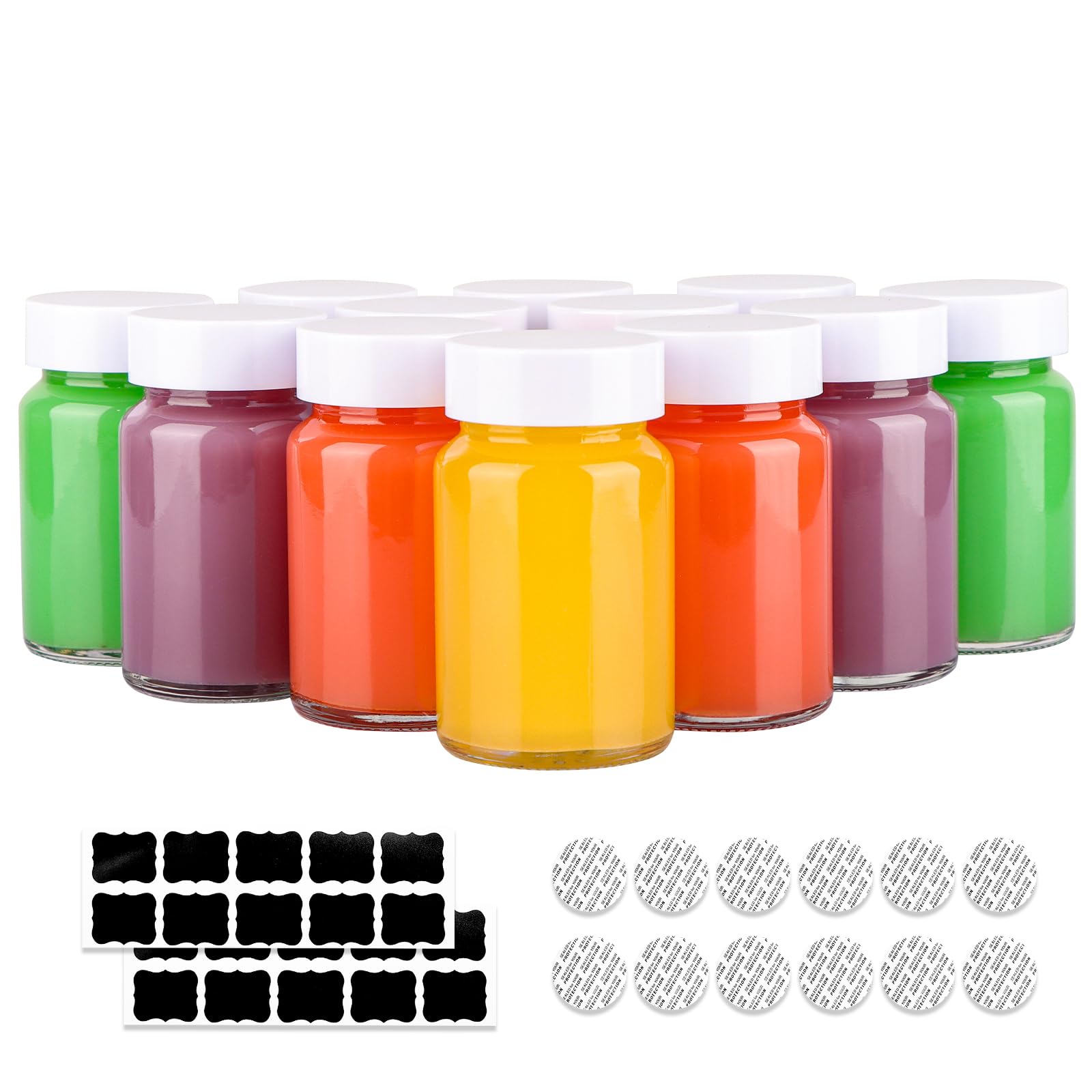 HINGWAH 12 Pack 2 OZ Glass Shot Bottles with Caps, 60 ML Empty Wellness Juice Shot Bottles, Reusable Clear Glass Bottles for Juice, Shots and Homemade Beverages