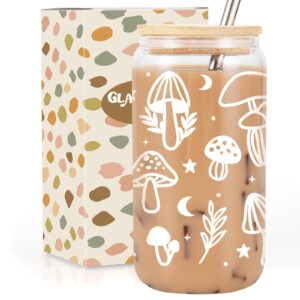 gspy mushroom cup, mushroom gifts, 16oz glass coffee cups with lids and straws - cute mushroom stuff, cute mugs aesthetic, mushroom mug tumbler - drinking glasses, mothers day gifts for women