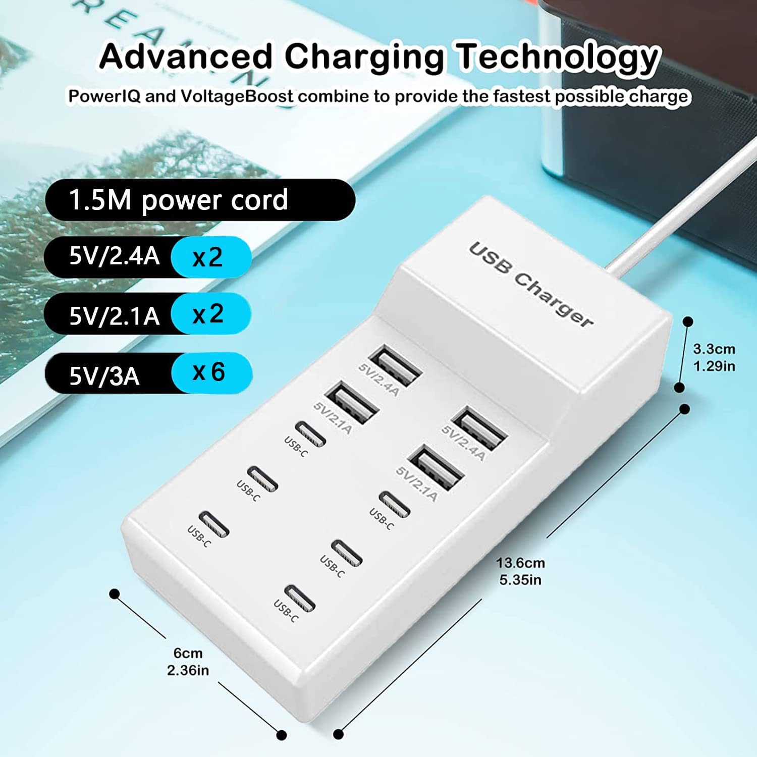 USB C Charger,10 Ports USB Charger Station with 6 Ports USB-C Charger, Desktop 50W Multi Port USB Charger Compatible with iPhone 14/13/12/11/Samsung S23/S22/S21/Tablet/Watch/Headphones