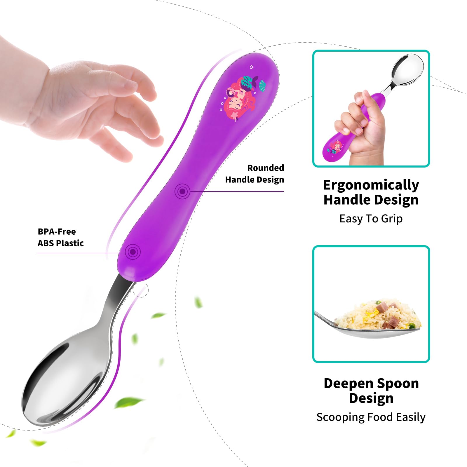 Lehoo Castle Toddler Utensils Kids Silverware, 6pcs Safety Stainless Steel Toddler Fork Spoon Knife Set, Children Flatware Set, Safety Utensils for Toddler and Children (Purple)