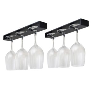 AQJUNONG Wine Glass Holder ， 2 Pack Wine Glass Rack, No Drilling Wine Glass Holder Under Cabinet, Hanging Stemware Rack Organizer Hanger for Bar and Kitchen Cabinet（Classic Black）