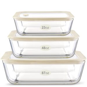 urban green glass food container set with glass lid, 3 pack, glass containers with silicone framed glass lid, airtight, leakproof, 100% plastic free, glass meal prep containers (white color)