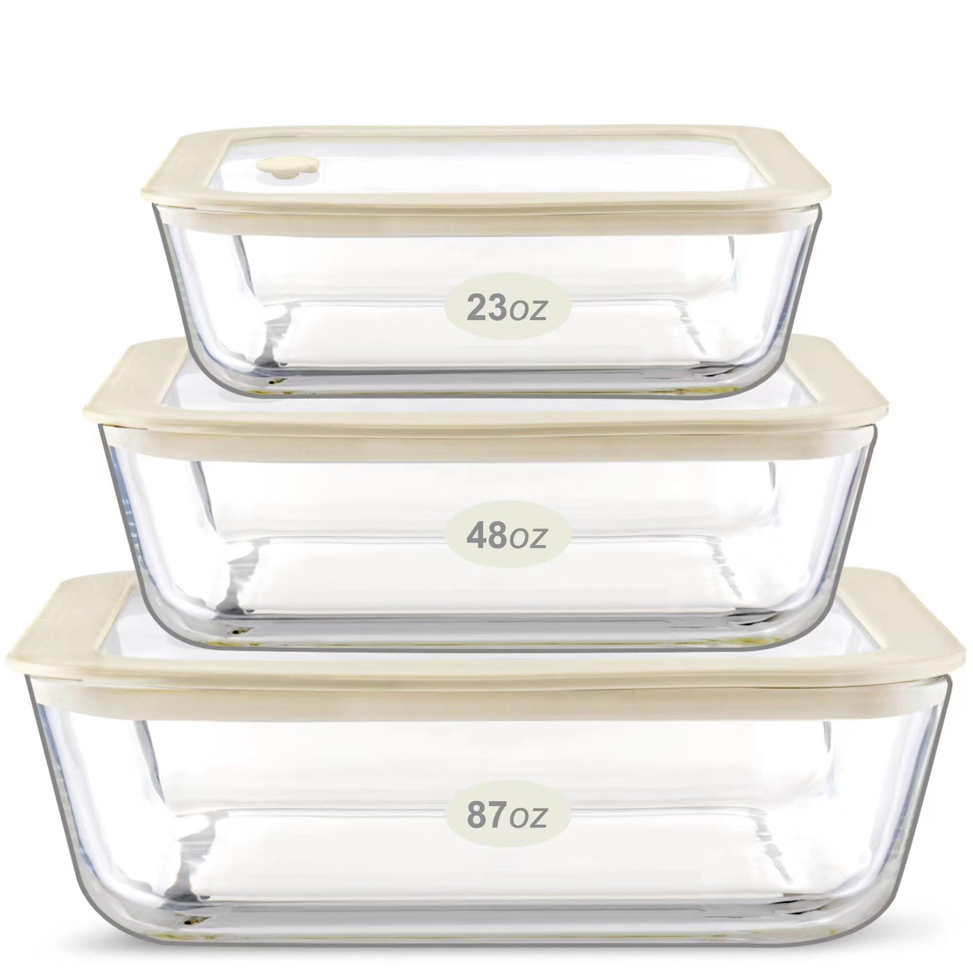 Urban Green Glass Food Container Set with Glass Lid, 3 Pack, Glass Containers with Silicone Framed Glass Lid, Airtight, LeakProof, 100% Plastic Free, Glass Meal Prep Containers (White Color)