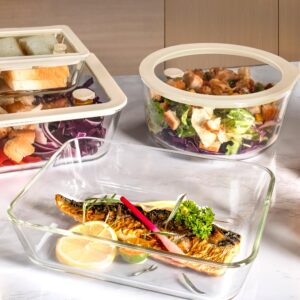 Urban Green Glass Food Container Set with Glass Lid, 3 Pack, Glass Containers with Silicone Framed Glass Lid, Airtight, LeakProof, 100% Plastic Free, Glass Meal Prep Containers (White Color)