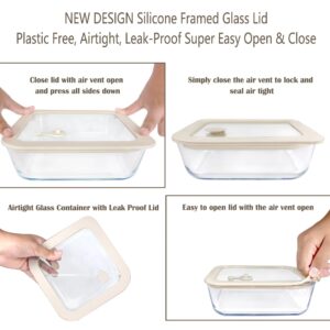 Urban Green Glass Food Container Set with Glass Lid, 3 Pack, Glass Containers with Silicone Framed Glass Lid, Airtight, LeakProof, 100% Plastic Free, Glass Meal Prep Containers (White Color)