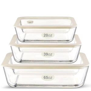 glass food container set with glass lid, large size 3 pack, glass food storage containers with silicone framed glass lid, glass food containers with airtight lids, leakproof, 100% plastic free
