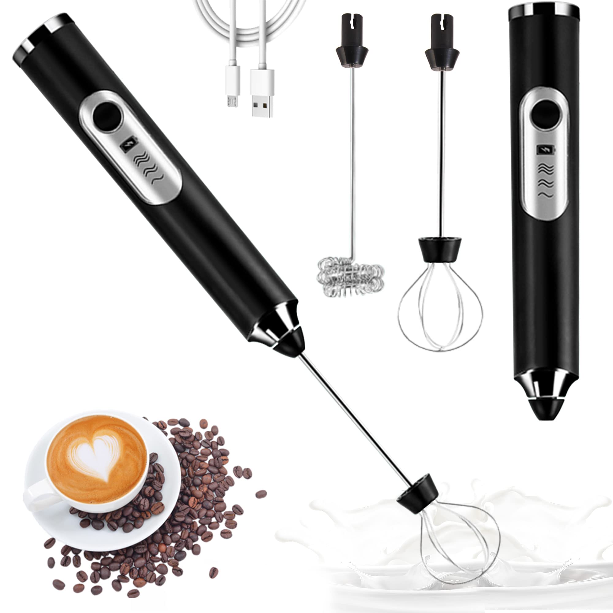 Milk Frother Handheld USB Rechargeable Milk Foam Maker with 2 Stainless Whisks Electric Mini Mixer 3 Speeds Adjustable for Coffee, Latte, Cappuccino, Matcha, Hot Chocolate, Egg, Black