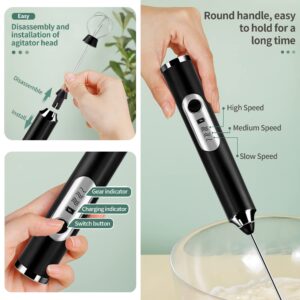 Milk Frother Handheld USB Rechargeable Milk Foam Maker with 2 Stainless Whisks Electric Mini Mixer 3 Speeds Adjustable for Coffee, Latte, Cappuccino, Matcha, Hot Chocolate, Egg, Black