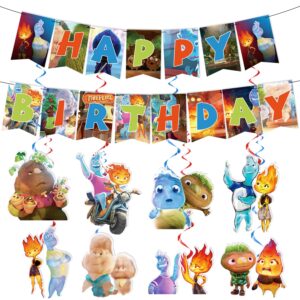 Elemental Birthday Banner and Hanging Swirls Decorations, Elemental Birthday Party Supplies Elemental Party Decorations Animation Elemental Birthday Decorations for Boys and Girls