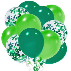 tkejzu 60 pcs 12 inch dark green balloons fruit green balloons green confetti balloons with green ribbons for baby shower dino jungle birthday party decorations supplies