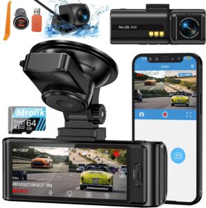 4k dash cam front and rear wifi, dash cam 2160p 30fps dash camera for cars w/gps app car camera w/free 64gb card, dashcam w/night vision 24hrs parking mode g-sensor loop recording wdr
