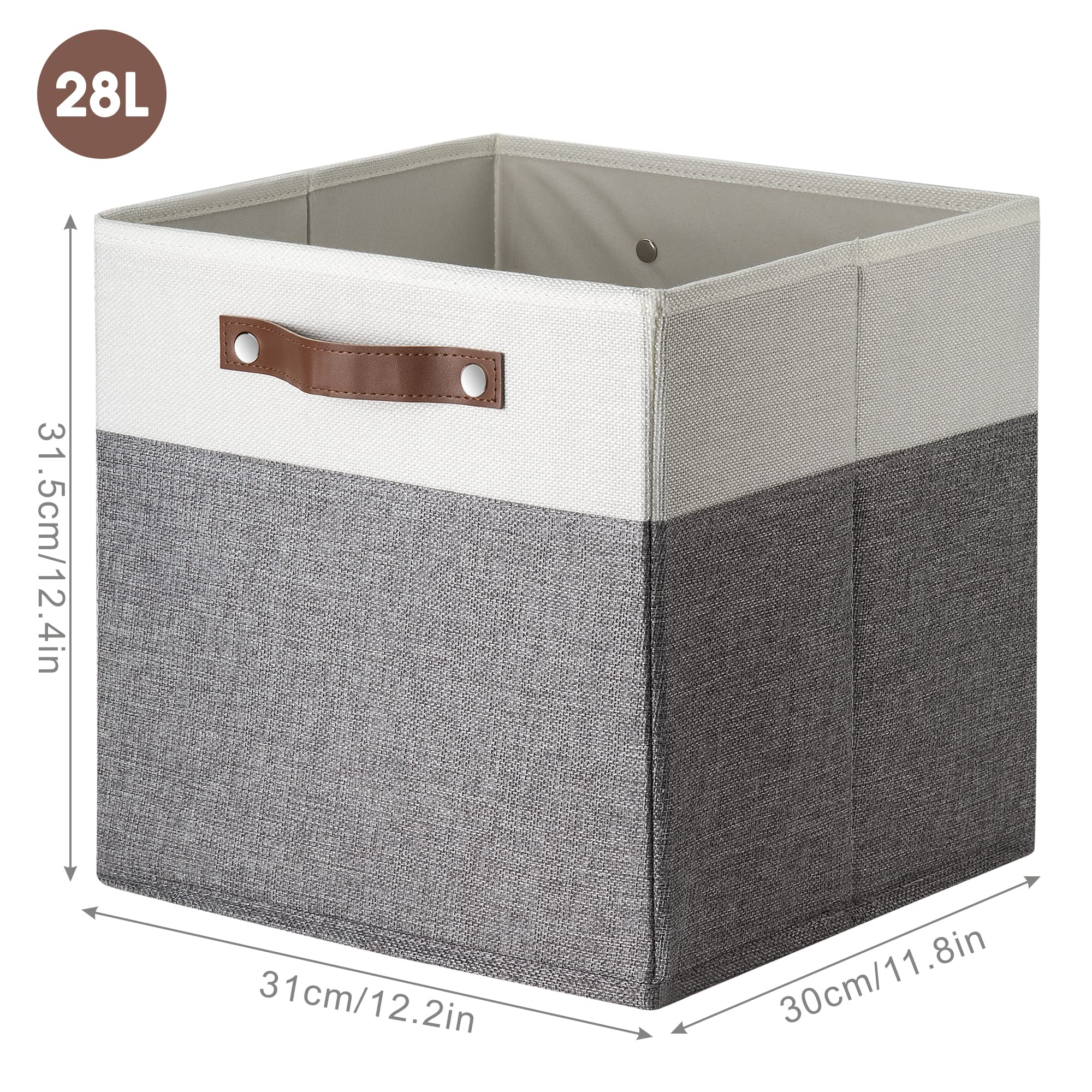 Lonian Set of 2 Foldable Cotton Flax Storage Boxes Bins with Leather Handle, Collapsible Storage Cube Organiser for Nursery Baby Kids Room Toys Home Shelving – 30.5x30.5x30.5 cm