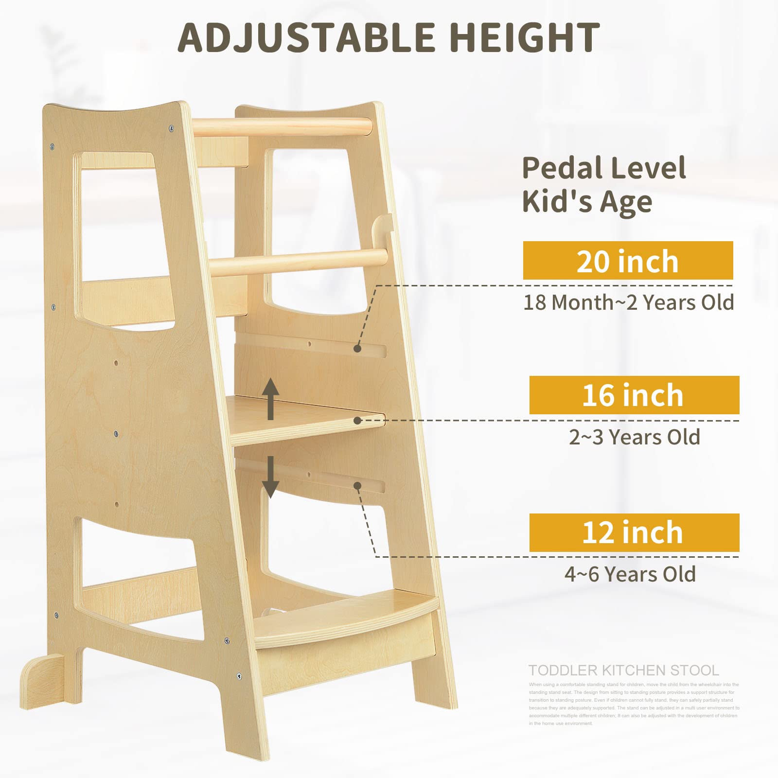 Toddler Step Stools for Kids, Toddler Tower Kids Step Stool with Safety Rail, 3 Heights Adjustable Toddler Kitchen Stool Helper, Kids Toddler Stool for Kitchen Counter Bathroom, Wooden