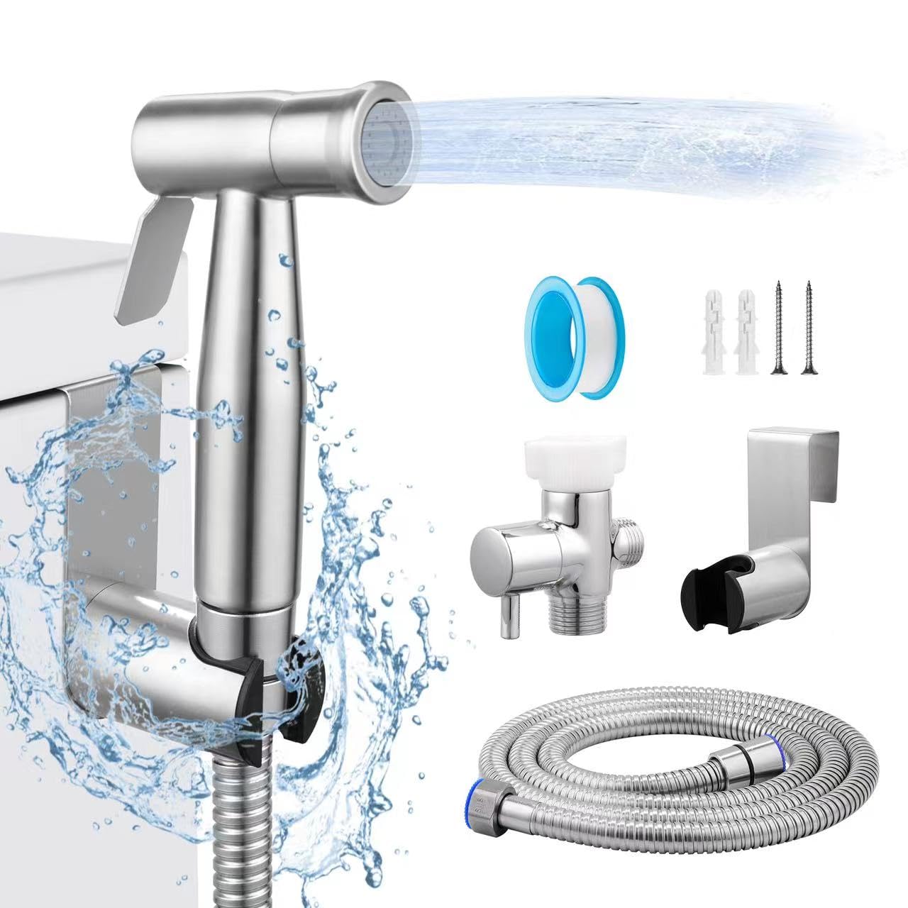 HQJUN Spray, Multifunctional Hand-held Bidet Spray, Bathroom Diaper Shower, Hose and Accessories - Bidet Hand-held Toilet Sprinkler with Dual Spray Function(Silvery)