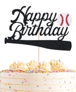 ahaoray baseball happy birthday cake topper - black glitter baseball party decorations supplies, perfect for birthday/baseball theme party, photo booth props