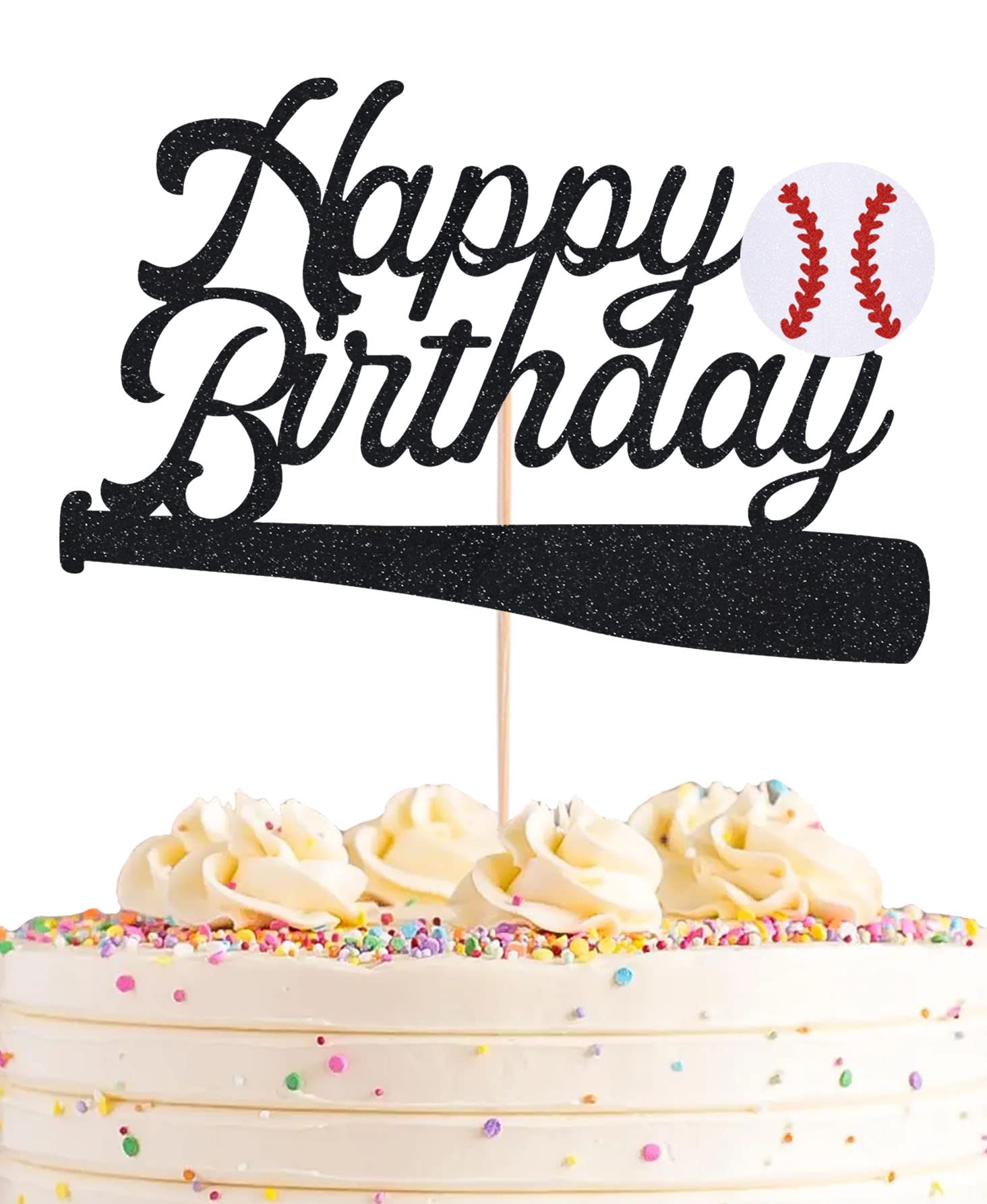 AHAORAY Baseball Happy Birthday Cake Topper - Black Glitter Baseball Party Decorations Supplies, Perfect for Birthday/Baseball Theme Party, Photo Booth Props