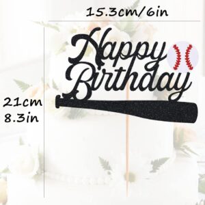 AHAORAY Baseball Happy Birthday Cake Topper - Black Glitter Baseball Party Decorations Supplies, Perfect for Birthday/Baseball Theme Party, Photo Booth Props