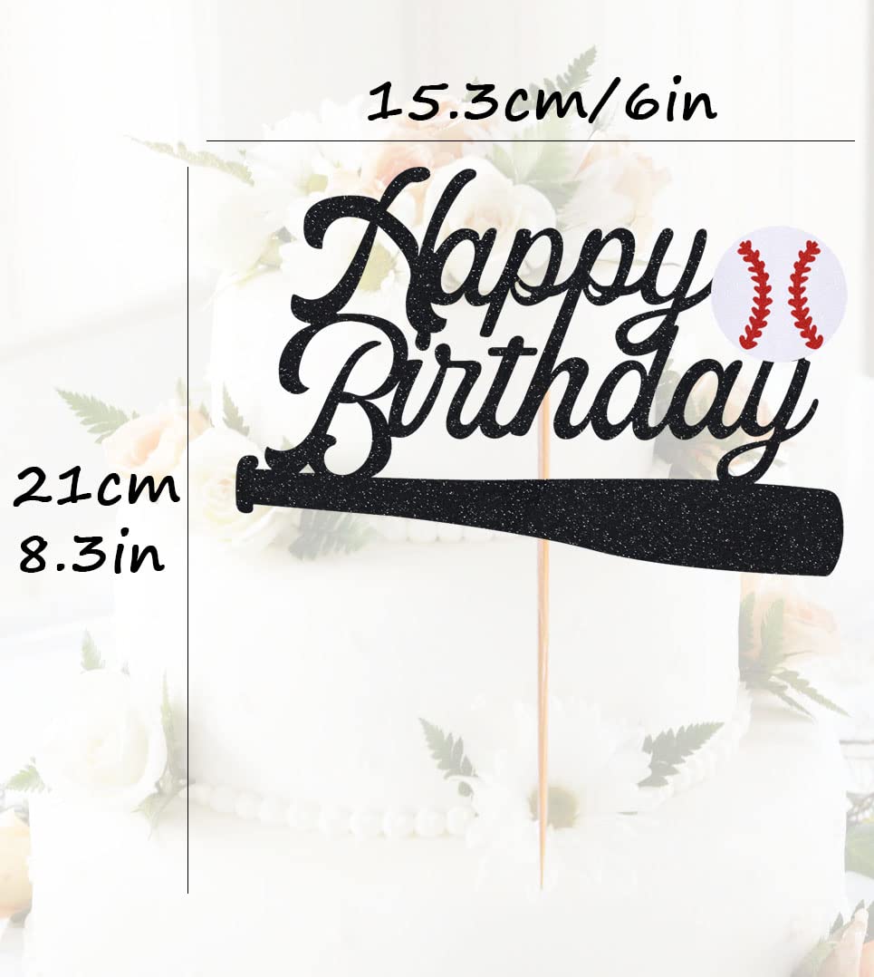 AHAORAY Baseball Happy Birthday Cake Topper - Black Glitter Baseball Party Decorations Supplies, Perfect for Birthday/Baseball Theme Party, Photo Booth Props