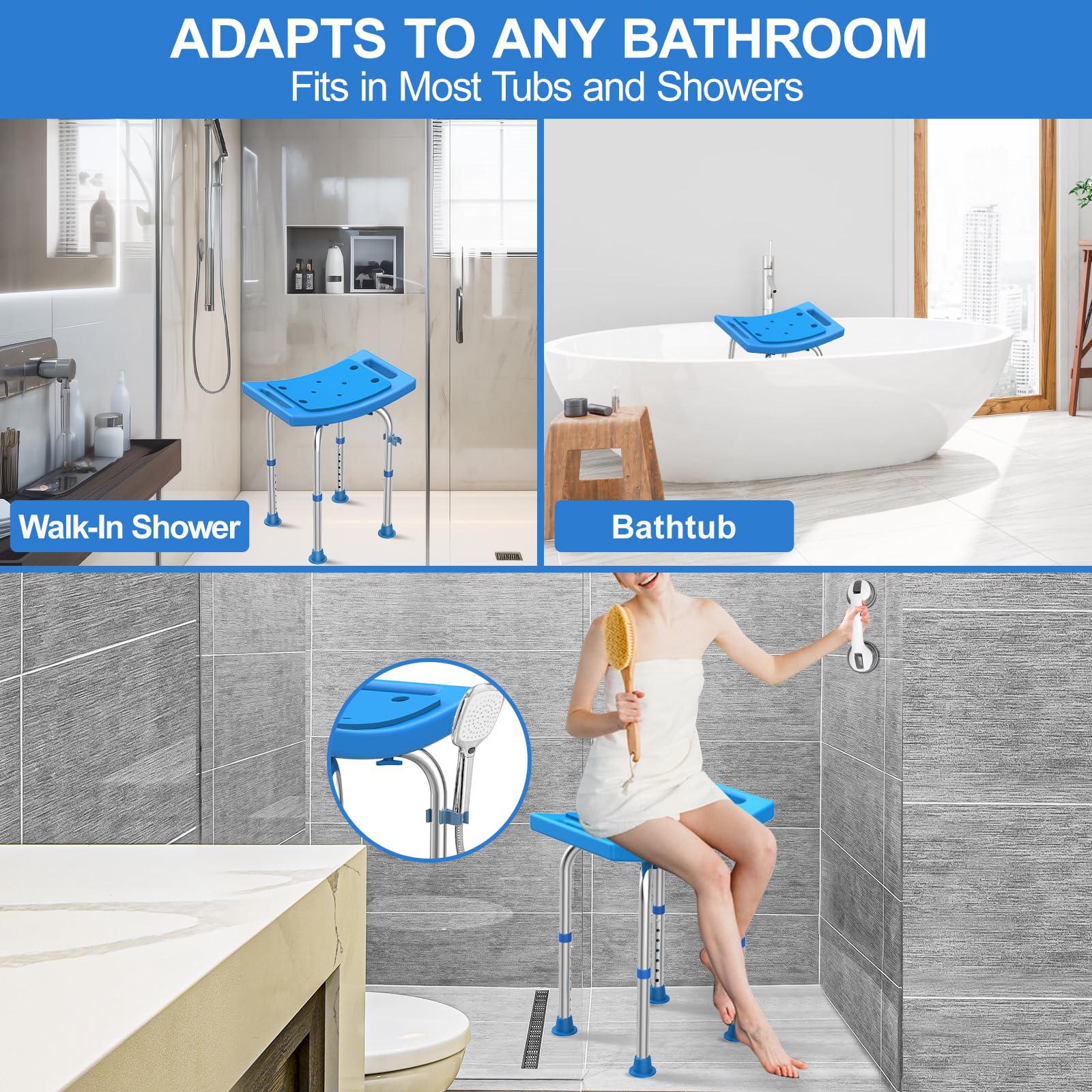 FSA/HSA Eligible Upgraded Heavy Duty Stainless Steel Shower Chair Seat, 400lbs Adjustable Shower Stool w/Assist Grab Bar/Padded,Blue Bath Seat Chair,Tool-Free Shower Seat for Inside Bathtub by UGarden