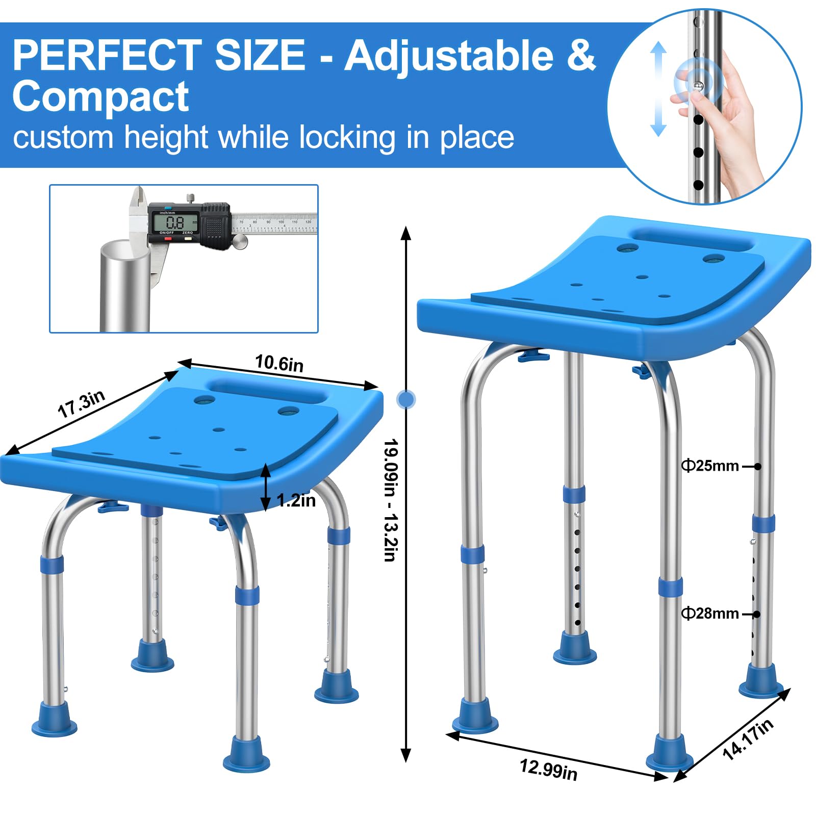 FSA/HSA Eligible Upgraded Heavy Duty Stainless Steel Shower Chair Seat, 400lbs Adjustable Shower Stool w/Assist Grab Bar/Padded,Blue Bath Seat Chair,Tool-Free Shower Seat for Inside Bathtub by UGarden