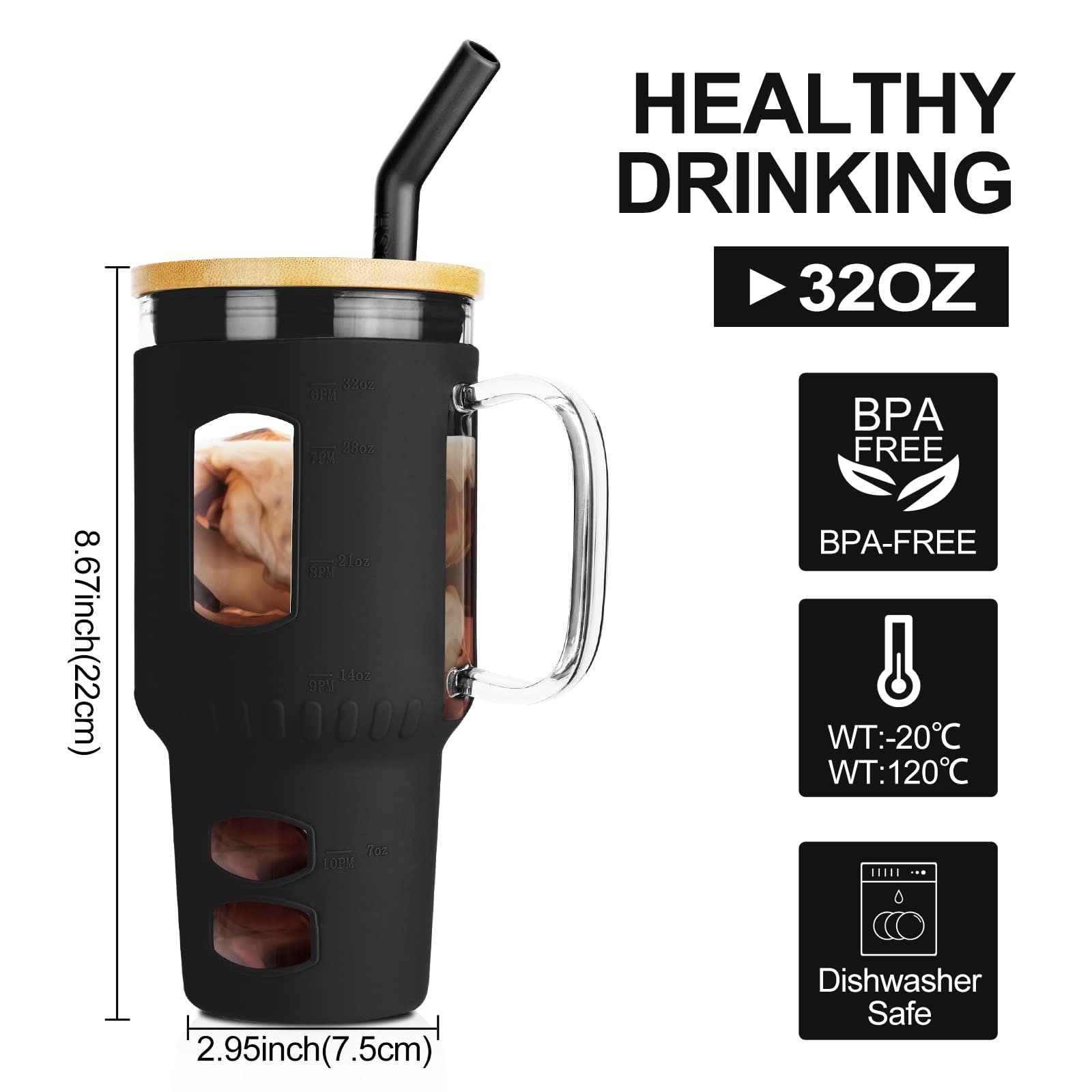 AeKahtay 32 oz Glass Tumbler with Handle, Glass Water Bottle with Lid and Straw, Iced Coffee Cup, Reusable Large Capacity Drinking Glass, Fits Most Cup Holders For Office Home Fitness