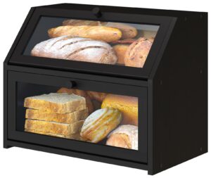 vriccc black bread box for kitchen counter, bamboo wood bread box, large capacity bread storage bin
