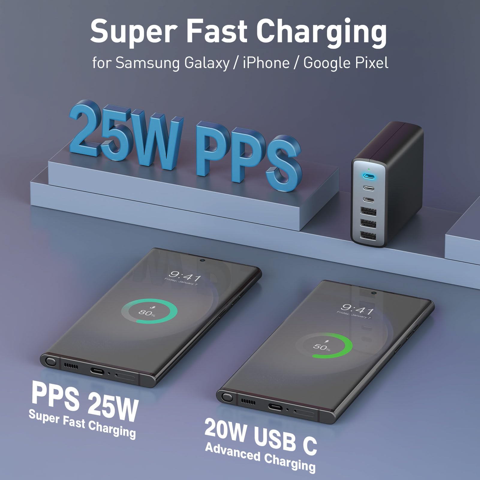 USB C Fast Charger, 100W 6 Port Charging Station Block Hub, 3 USB-C + 3 USB A, Wall Charger for All iPhone 15 14 13 12 Pro Max, iPad Pro Air Mini, AirPod, iWatch, Samsung Galaxy S23, S22, 5ft Cord