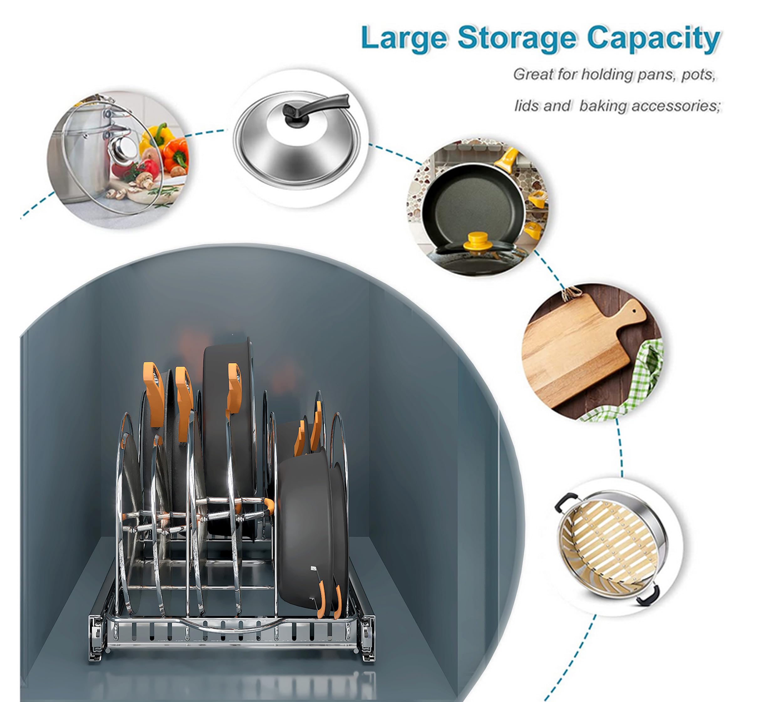 TQVAI Pots and Pans Organizer, Expandable Pot Lid Holder, Kitchen Under Cabinet Organizer for Cutting Board/Cookware/Baking Sheets - Cabinet Request at Least 12.5" W x 18.25" D x 13.5" H