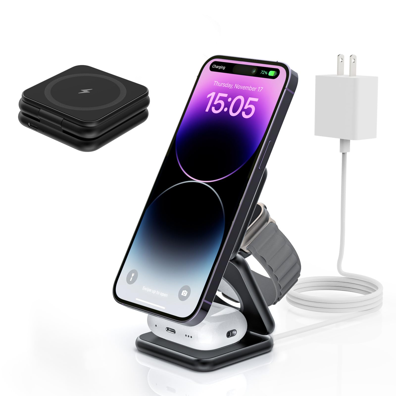 KU XIU X40 Magnetic Wireless Charger, 3 in 1 Charging Station for Apple Devices, Foldable Portable 15W Fast Charging Stand for iPhone 15 14 13 12 Pro Max & Apple Watch, AirPods (Adapter Included)