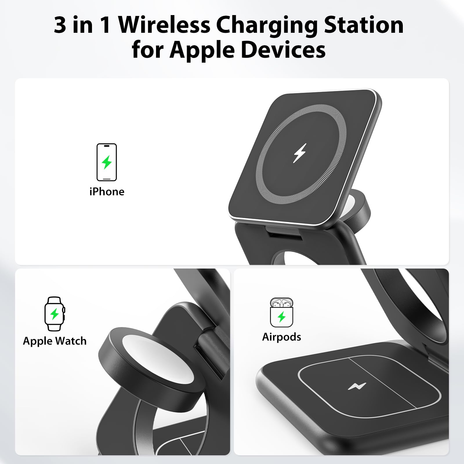 KU XIU X40 Magnetic Wireless Charger, 3 in 1 Charging Station for Apple Devices, Foldable Portable 15W Fast Charging Stand for iPhone 15 14 13 12 Pro Max & Apple Watch, AirPods (Adapter Included)