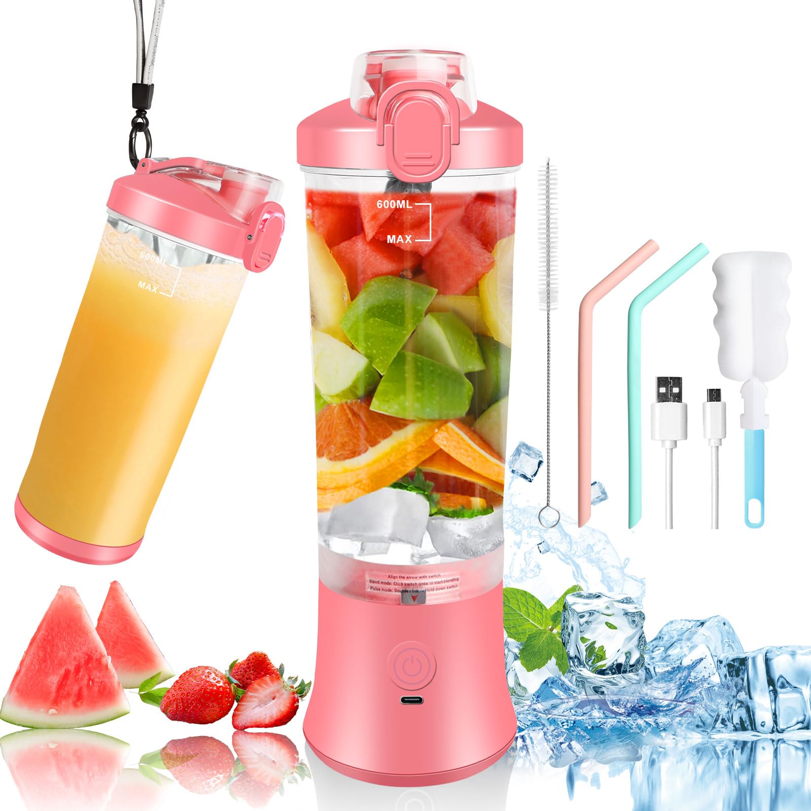 Portable Blender, 22 Oz Personal Size Blender for Milkshakes and Smoothies with 6 Blades, 240Watts, 2 Blending Modes and Cleaning Brush, Waterproof Blender USB Rechargeable for Kitchen, Home