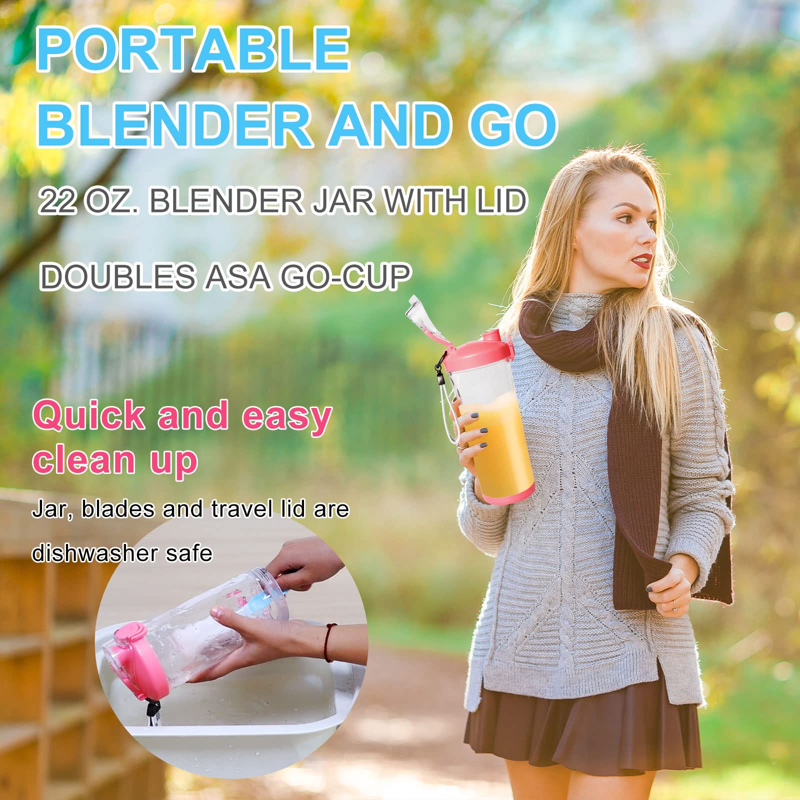 Portable Blender, 22 Oz Personal Size Blender for Milkshakes and Smoothies with 6 Blades, 240Watts, 2 Blending Modes and Cleaning Brush, Waterproof Blender USB Rechargeable for Kitchen, Home