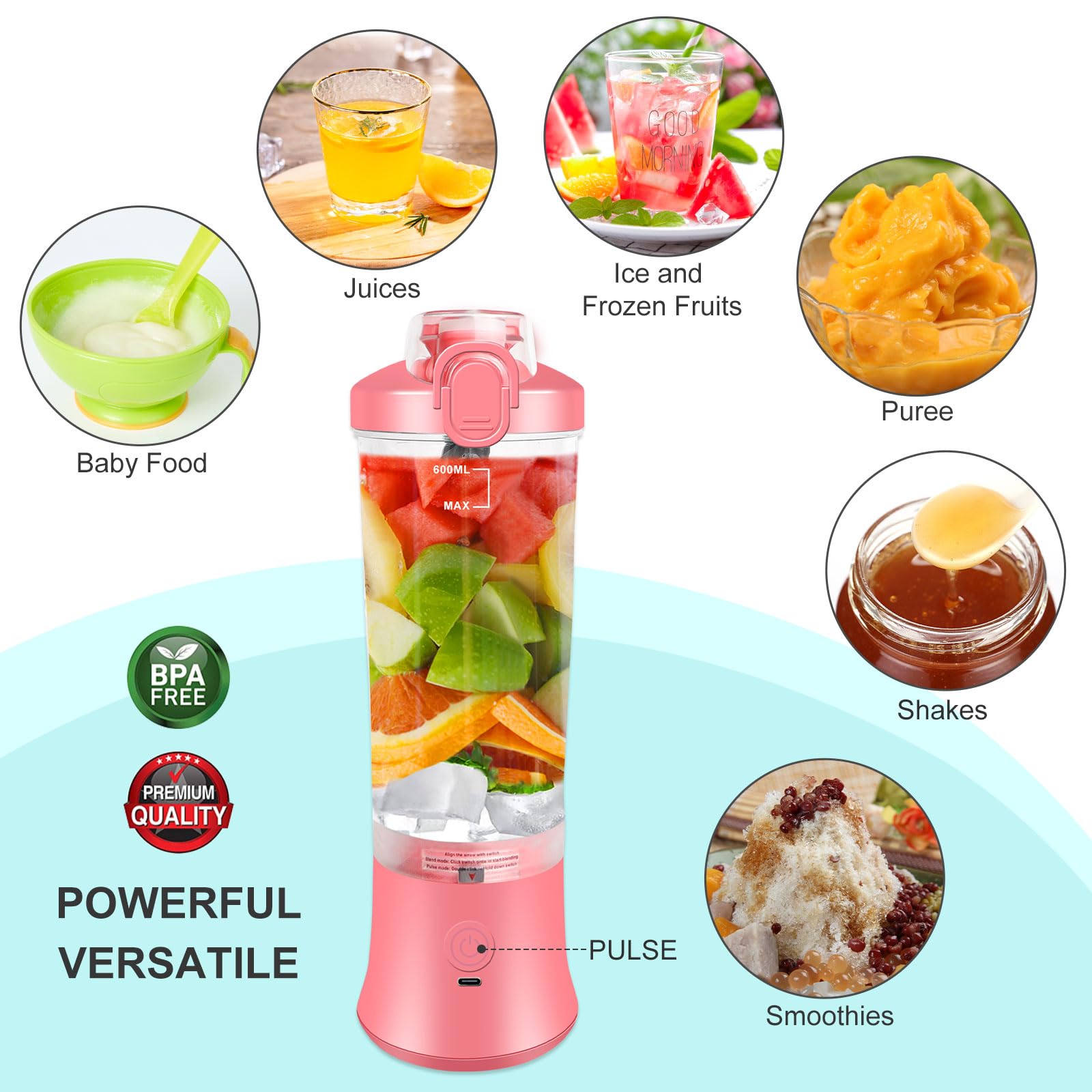 Portable Blender, 22 Oz Personal Size Blender for Milkshakes and Smoothies with 6 Blades, 240Watts, 2 Blending Modes and Cleaning Brush, Waterproof Blender USB Rechargeable for Kitchen, Home